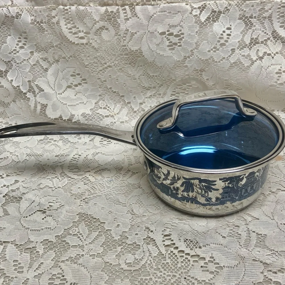 Blue Willow, Stainless Steel-Covered Sauce Pan 13.5in L x 6.5in D x 4.5in H